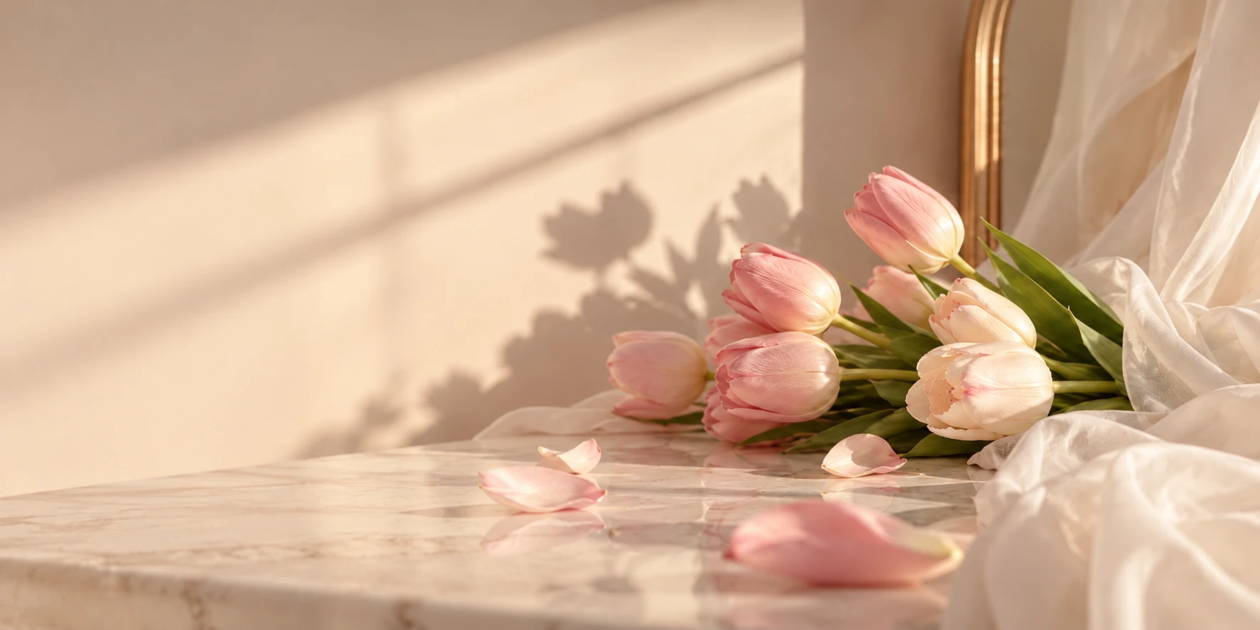 Pink tulips on a marble table in warm afternoon light, beside soft white fabric.