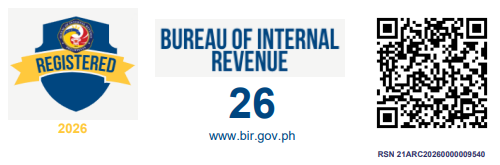 BIR Registration Seal 2026: registered with the Bureau of Internal Revenue, RSN 21ARC20260000009540